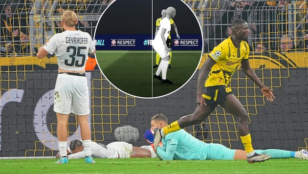 Serhou Guirassy (right) was just offside for the Dortmund goal. (Bild: Pail Sepp/DAZN)