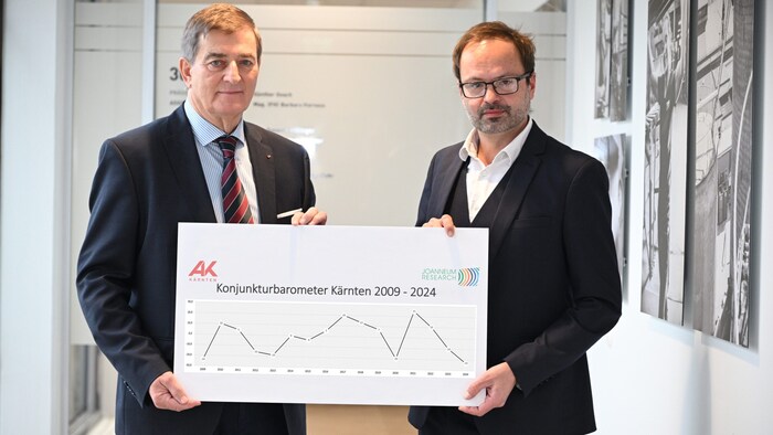 AK-Präsident Günther Goach und Eric Kirschner von Joanneum Research haben die Konjunkturumfrage ...