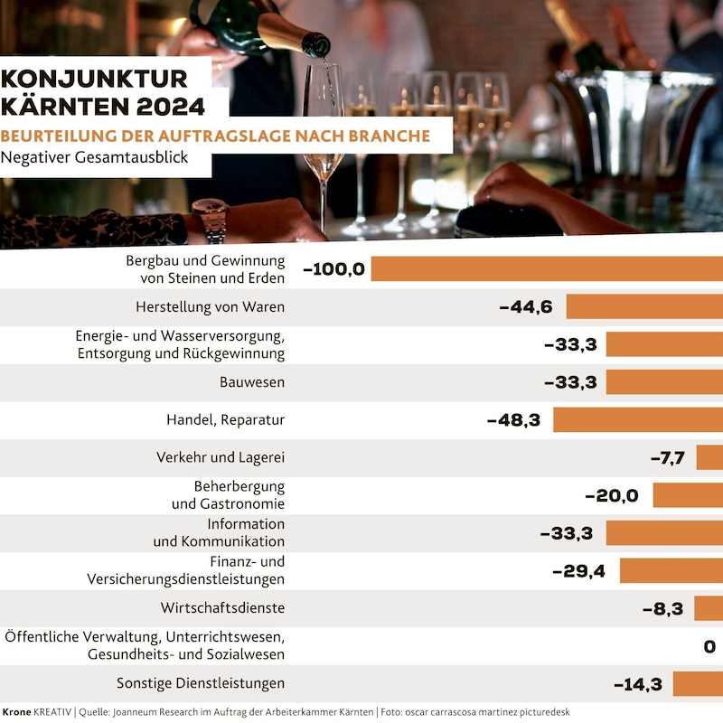 Carinthia 2024 economic survey: With the exception of public administration, schools, healthcare and social services, all sectors fear a dwindling order situation. (Bild: Krone-Grafik)