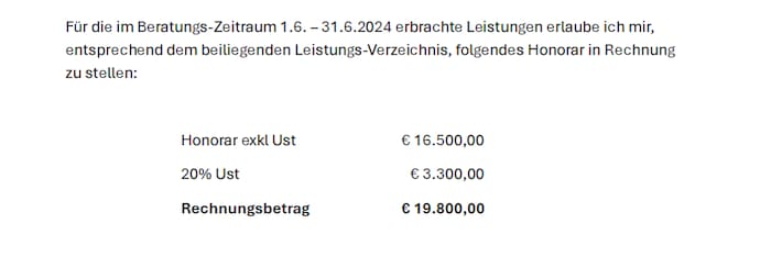 Ausriss aus der Honorarnote an die Tochterfirma der Niederösterreichischen Versicherung