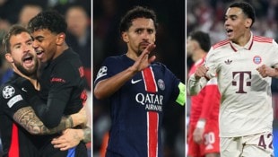 Der FC Barcelona (links: Lamine Yamal) und der FC Bayern (rechts: Jamal Musiala) bejubeln drei Punkte in der Champions League, während PSG (mitte: Marquinhos) eine bittere Niederlage hinnehmen muss. (Bild: APA/AFP/Pedja Milosavljevic, APA/Anne-Christine POUJOULAT, ASSOCIATED PRESS)