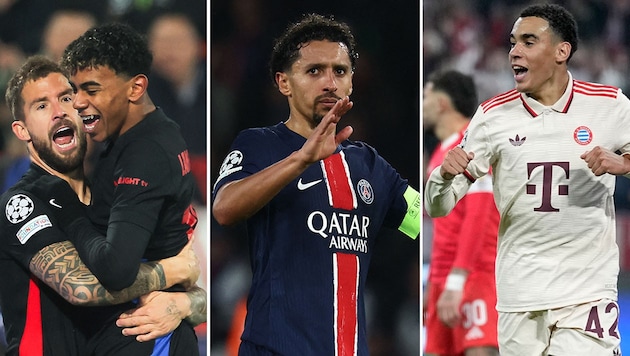 Der FC Barcelona (links: Lamine Yamal) und der FC Bayern (rechts: Jamal Musiala) bejubeln drei Punkte in der Champions League, während PSG (mitte: Marquinhos) eine bittere Niederlage hinnehmen muss. (Bild: APA/AFP/Pedja Milosavljevic, APA/Anne-Christine POUJOULAT, ASSOCIATED PRESS)