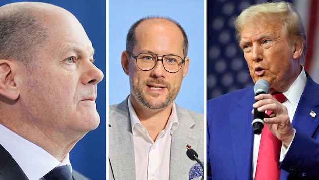 Donald Trump (rechts) bereitet Tirols Wirtschaftslandesrat Mario Gerber (Mitte) keine Sorgen. Umso mehr die Regierungskrise unter Bundeskanzler Olaf Scholz in Deutschland. (Bild: dpa-Pool/ASSOCIATED PRESS/Christof Birbaumer)