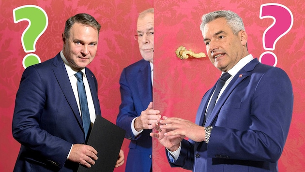 Werden die Grünen oder die Neos Juniorpartner von ÖVP und SPÖ? Noch haben Nehammer und Babler unterschiedliche Vorstellungen. (Bild: Krone KREATIV/SEPA.Media, Martin Juen)