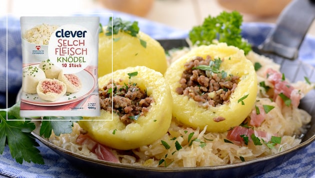 Der Lieferant Weinbergmaier GmbH ruft aus Gründen des vorbeugenden Verbraucherschutzes das Produkt „Clever Selchfleischknödel“ zurück. (Bild: stock.adobe.com/kab-vision – stock.adobe.com, Clever/REWE, Krone KREATIV)