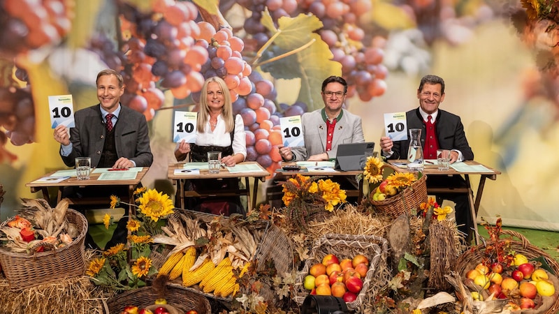 Die Jury, v.l.: Christian Hartl (Volksmusiklehrer und Musikschuldirektor), Christine Gutzelnig (Radio Steiermark-Volkskulturmoderatorin), Karl Lenz (Radio Steiermark-Volkskulturmoderator) und Franz Posch (Moderator „Mei liabste Weis) (Bild: ORF/Regine Schoettl)