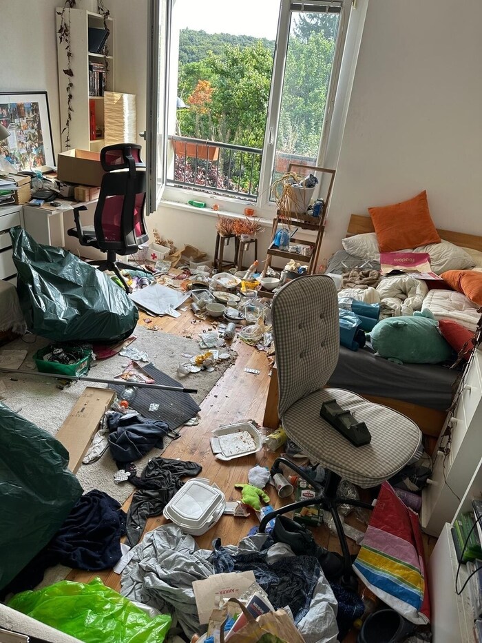 A messy teenage bedroom before the clean-up....