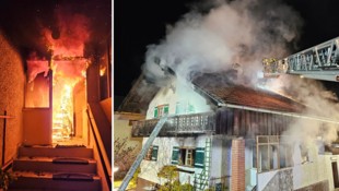 Beim Eintreffen der Feuerwehr stand der Eingangsbereich bereits in Vollbrand. Die Flammen, die sich rasch ausgebreitet hatten, wurden auch von der Drehleiter aus bekämpft. (Bild: Feuerwehr Reutte)