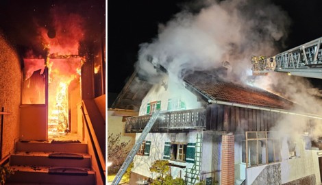 Beim Eintreffen der Feuerwehr stand der Eingangsbereich bereits in Vollbrand. Die Flammen, die sich rasch ausgebreitet hatten, wurden auch von der Drehleiter aus bekämpft. (Bild: Feuerwehr Reutte)