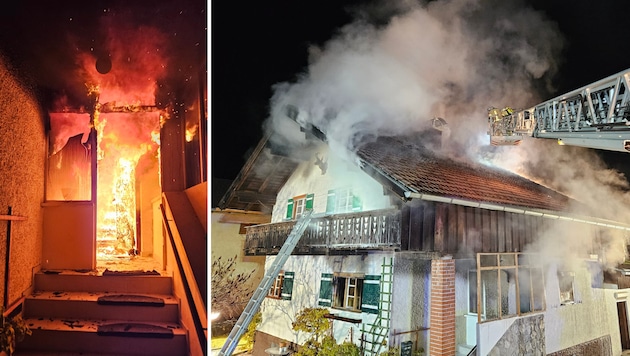 Beim Eintreffen der Feuerwehr stand der Eingangsbereich bereits in Vollbrand. Die Flammen, die sich rasch ausgebreitet hatten, wurden auch von der Drehleiter aus bekämpft. (Bild: Feuerwehr Reutte)