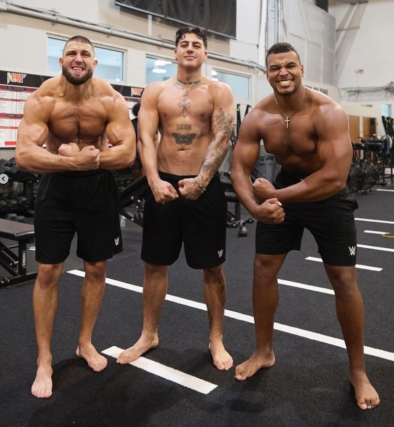 Die Olympia-Starter Aaron Fara (li.), Shady El Nahas (M.) und Francois Prinsloo wurden in Orlando als Wrestler gecastet. (Bild: WWE)