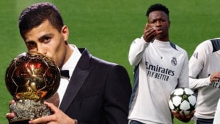 Rodri (l.) wurde mit dem Ballon d‘Or ausgezeichnet, Vinicius Junior (r.) ging leer aus. (Bild: AFP/APA/OSCAR DEL POZO/FRANCK FIFE)