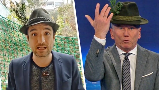 ORF presenter Armin Wolf (right) and cabaret artist Xaver Schumacher take their "hats off" to SPÖ politician Georg Dornauer. (Bild: Krone KREATIV/TikTok ORF)