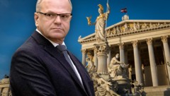 Der blaue Ex-Spitzenpolitiker Hans-Jörg Jenewein feiert für die Freiheitlichen ein Parlaments-Comeback (Bild: Krone KREATIV/AFP/Joe Klamar, stock.adobe.com)