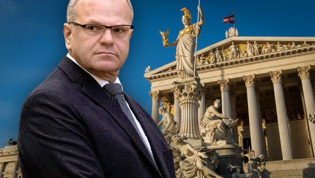 Der blaue Ex-Spitzenpolitiker Hans-Jörg Jenewein feiert für die Freiheitlichen ein Parlaments-Comeback (Bild: Krone KREATIV/AFP/Joe Klamar, stock.adobe.com)