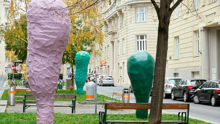 The bright colors are intended to interact with the facades of the buildings.