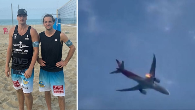 Xandi Huber und Felix Friedl saßen im Flieger, der kurz nach dem Start in Rom Feuer fing. (Bild: zVg)