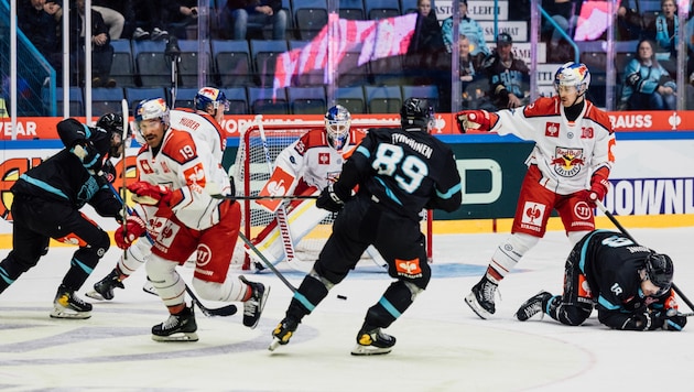 Die Bulls-Abwehr um Goalie Tolvanen machte in Lahti einen tollen Job. (Bild: 2024 EC Red Bull Salzburg)