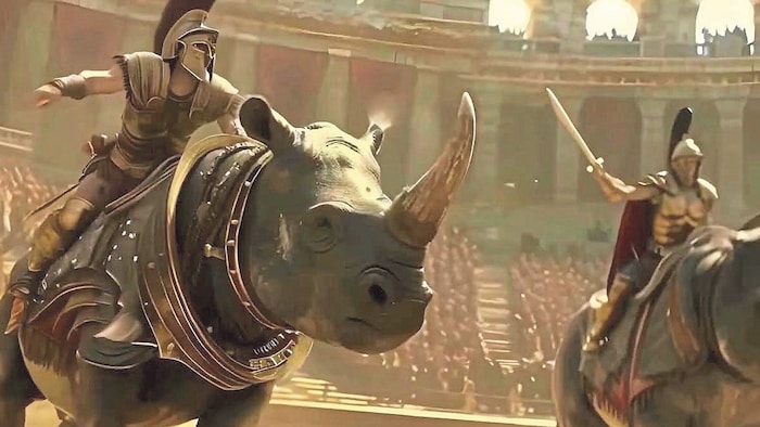 Kommt ein Rhinozeros in die Arena: Tierische Absurditäten prägen „Gladiator II“. 