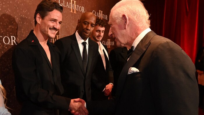 König Charles kam ohne Königin Camilla und schüttelte den Stars von „Gladiator II“ die Hände.