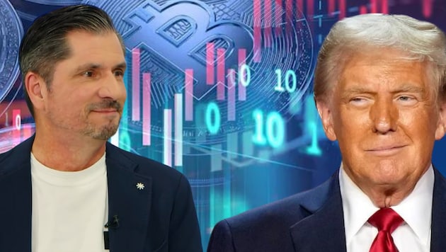 Financial market expert Oswald Salcher warns: "The euphoria on the crypto exchanges is great and Bitcoin is moving towards 100,000 US dollars. The announcement that the USA could invest more in cryptocurrencies will only fuel the market further." (Bild: krone.tv )