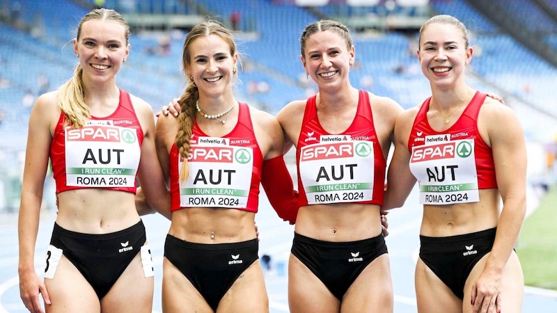 The 4 x 100 m women's relay team with the Styrians Viktoria Willhuber (left), Karin Strametz (2nd from left), Magdalena Lindner and Isabel Posch ran at the European Championships in Rome. (Bild: GEPA/GEPA pictures)