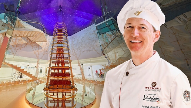 Helmut Wenschitz's Pralinenwelt is also home to the highest chocolate fountain in the world: 1500 kilos of chocolate flow from the 12.3-metre fountain. (Bild: Krone KREATIV/Markus Wenzel, Confiserie Wenschitz GmbH/Harald Stampfer)