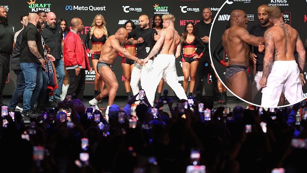 Wild scenes: Mike Tyson slaps Jake Paul before the duel in Texas. (Bild: Getty Images/Christian Petersen, x.com/netflix)