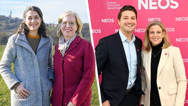 Leonore Gewessler mit Sandra Krautwaschl (links), Beate Meinl-Reisinger besuchte Niko Swatek.  (Bild: Krone KREATIV/Grüne Stmk/Stelzer, Christian Jauschowetz)