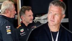 F1-Experte Ralf Schumacher (re.) ist sich sicher: Red Bull (links im Bild: Helmut Marko und Christian Horner) wird Franco Colapinto verpflichten. (Bild: APA/AFP/Paul Crock, Eibner / EXPA)