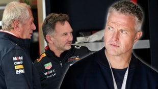 F1-Experte Ralf Schumacher (re.) ist sich sicher: Red Bull (links im Bild: Helmut Marko und Christian Horner) wird Franco Colapinto verpflichten. (Bild: APA/AFP/Paul Crock, Eibner / EXPA)