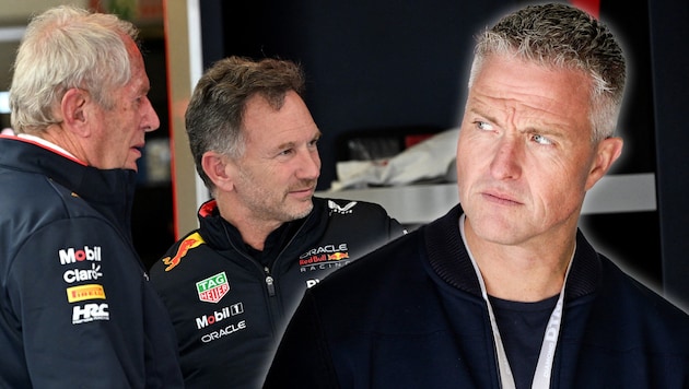 F1-Experte Ralf Schumacher (re.) ist sich sicher: Red Bull (links im Bild: Helmut Marko und Christian Horner) wird Franco Colapinto verpflichten. (Bild: APA/AFP/Paul Crock, Eibner / EXPA)