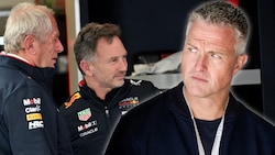 F1-Experte Ralf Schumacher (re.) ist sich sicher: Red Bull (links im Bild: Helmut Marko und Christian Horner) wird Franco Colapinto verpflichten. (Bild: APA/AFP/Paul Crock, Eibner / EXPA)