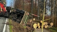 Lkw-Anhänger mit Holzstämmen kippte um (Bild: FF Seeham)