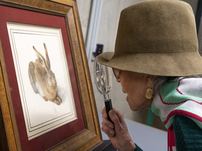 Jane Fonda admires Abrecht Dürer's "Field Hare". (Bild: Albertina Wien)