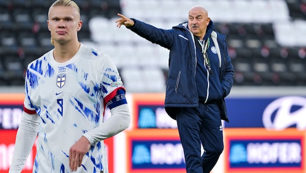 Norwegens Superstar Erling Haaland (li.) und Kasachstan-Teamchef Stanislaw Tschertschessow (Bild: GEPA pictures)