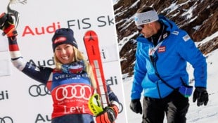 Mikaela Shiffrin (li.) gewann in Levi – Damen-Cheftrainer Roland Assinger (re.) weiß, dass die US-Amerikanerin schwer zu biegen ist. (Bild: GEPA/GEPA pictures)