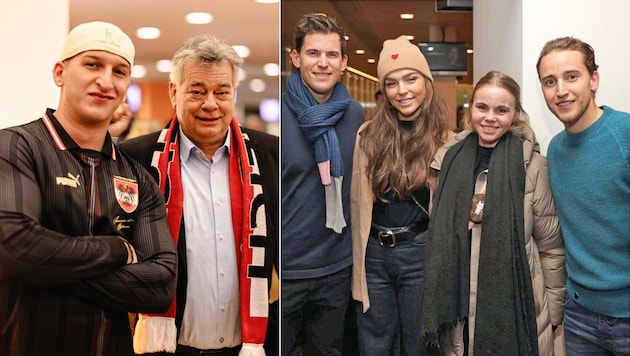 Satans Bratan with Sports Minister Werner Kogler (left); Dominic Thiem with girlfriend Lili, Lena Millonig and Moritz Thiem (from left). (Bild: Urbantschitsch Mario/Mario Urbantschitsch)