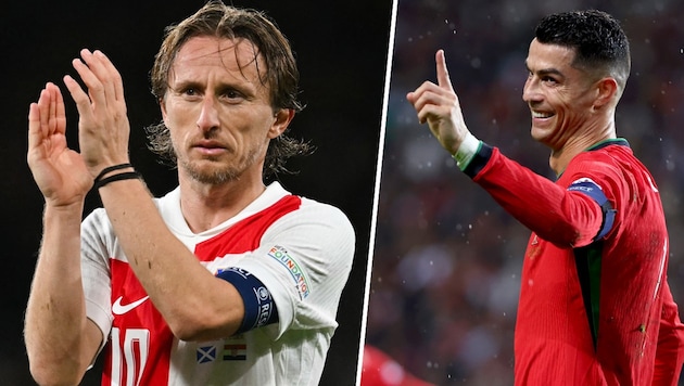 Luka Modric (KRO) heute im Duell mit Cristiano Ronaldo (POR). (Bild: APA/AFP/ANDY BUCHANAN, ASSOCIATED PRESS)