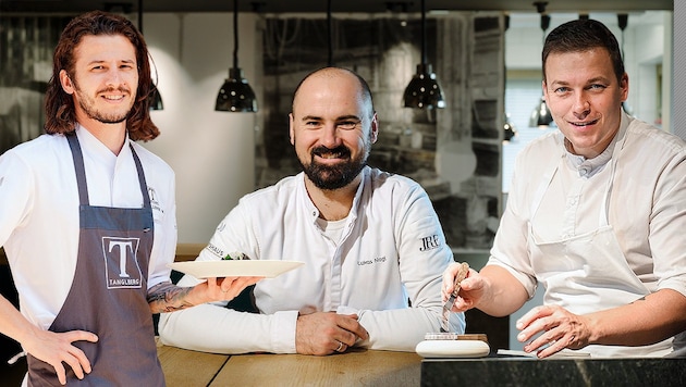 Maximilian Schellerer (left) received four toques and 17.5 points, Lukas Nagl (center) four toques and 18.5 points, Philip Rachinger (right) four toques and 18.5 points. (Bild: Krone KREATIV/Gröller Hospitality/Christof Wagner, Markus Wenzel, Restaurant Tanglberg)