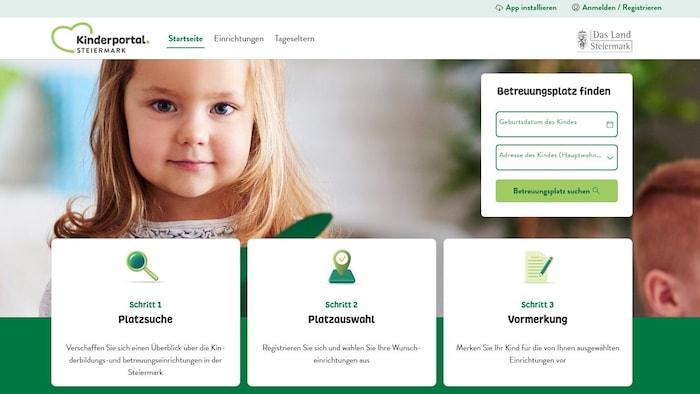 So präsentiert sich das Kinderportal auf der Website des Landes.