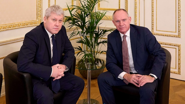 Interior Minister Gerhard Karner with his Romanian counterpart Cătălin Predoiu in Vienna (Bild: APA/BMI/KARL SCHOBER)