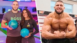 Aaron Fara, hier beim X-Mas-Bowling der Sporthilfe mit Synchron-Nixe Vasiliki Alexandri, schlägt in den USA eine neue Karriere ein. Der Judo-Kämpfer mit dem mächtigen Oberkörper hat einen dreijährigen Profivertrag bei World Wrestling Entertainment unterschrieben. (Bild: Krone KREATIV)