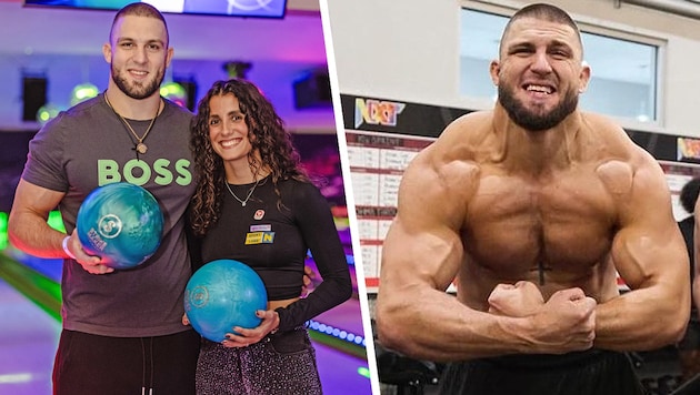 Aaron Fara mit Synchronschwimmerin Vasiliki Alexandri beim Charity X-Mas-Bowling der Sporthilfe im Wiener Prater und als Muskelpaket beim Wrestling-Casting in Florida. (Bild: Krone KREATIV)