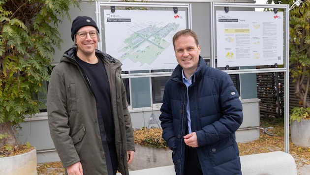 Florian Frühwirt (BIG) and Michael Monsberger (Vice-Rector for Infrastructure and Sustainability at TU Graz) presented the new plans. (Bild: Oliver Wolf – TU Graz)