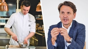 Sieben Restaurants in Oberösterreich erhielten im Gault&Millau vier Hauben, auch eines von Lukas Kienbauer (li.). Oberösterreich-Tourismus-Chef Andreas Winkelhofer (re.) sieht die Entwicklung sehr positiv. (Bild: Krone KREATIV/Markus Wenzel (2))