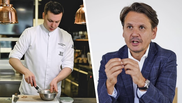 Sieben Restaurants in Oberösterreich erhielten im Gault&Millau vier Hauben, auch eines von Lukas Kienbauer (li.). Oberösterreich-Tourismus-Chef Andreas Winkelhofer (re.) sieht die Entwicklung sehr positiv. (Bild: Krone KREATIV/Markus Wenzel (2))