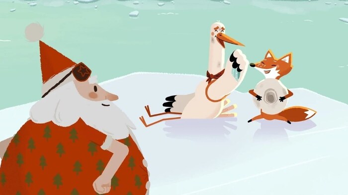 Fuchs und Storch versuchen dem Weihnachtsmann zu helfen.