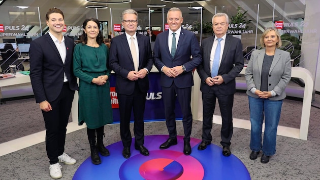 Niko Swatek (Neos), Sandra Krautwaschl (Greens), Christopher Drexler (ÖVP), Mario Kunasek (FPÖ), Anton Lang (SPÖ) and Claudia Klimt-Weithaler (KPÖ) (Bild: Jauschowetz Christian)