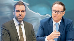 Kari Ochsner, Präsident der Industriellenvereinigung NÖ, und Joachim Haindl-Grutsch, Geschäftsführer der Industriellenvereinigung OÖ, (re.) sind höchst alarmiert. (Bild: Krone KREATIV/IV OÖ/Roland Pelzl, IV NÖ/Christian Holzinger)